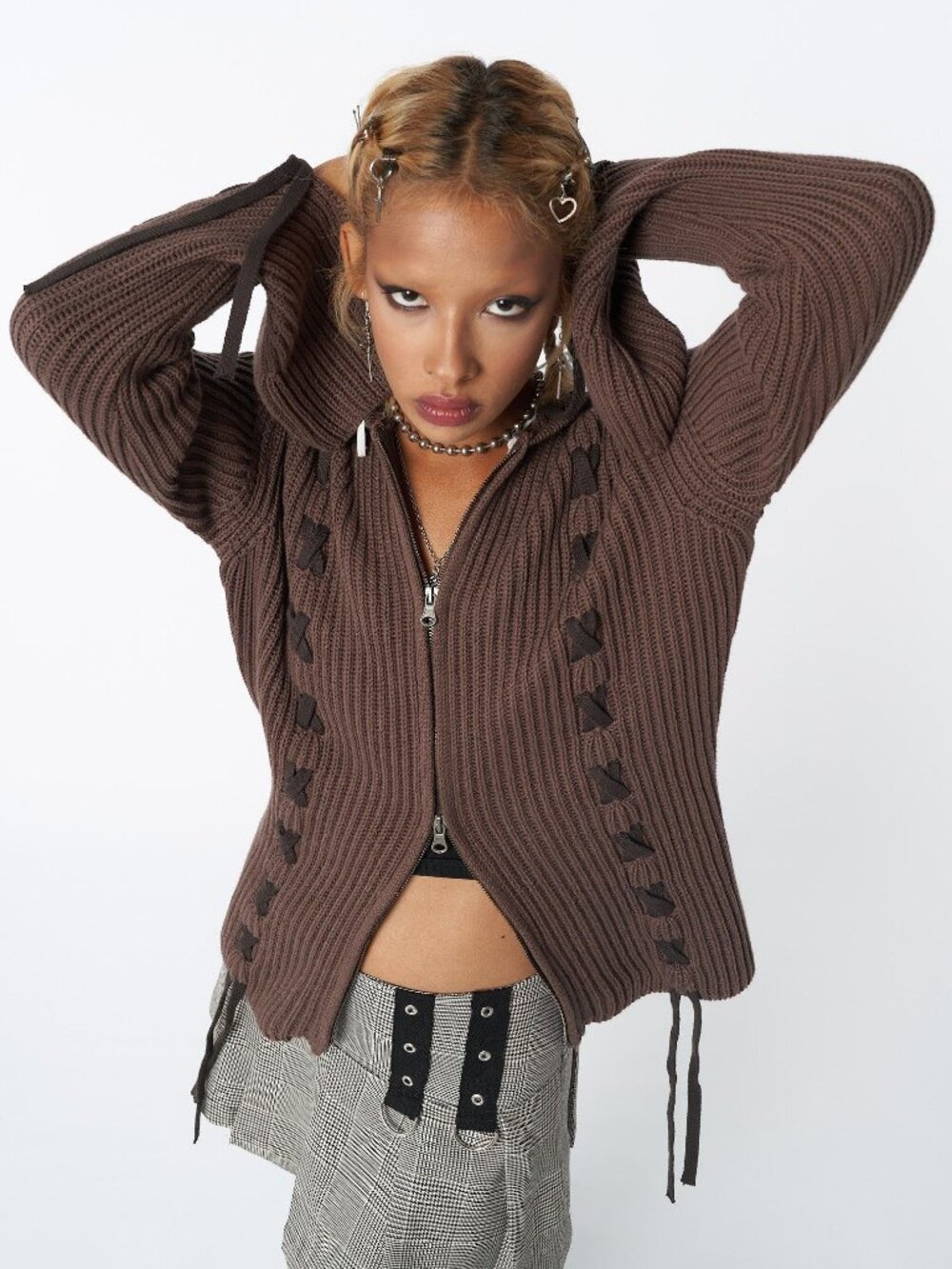 Minga London Nixie Brown Lace Up Zip Hoodie Cardigan - Picture 3 of 7